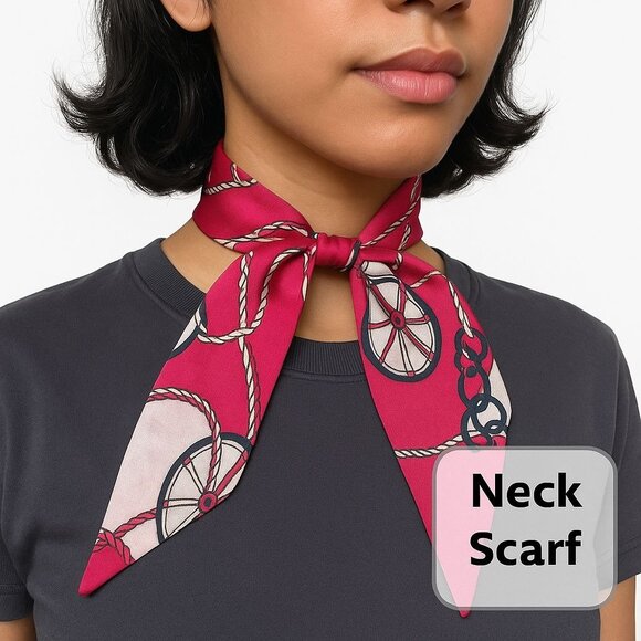 Silk Slim Scarf Retro Equestrian Print Deep Pink Versatile Hairband Bag Neck (15 - Picture 4 of 8